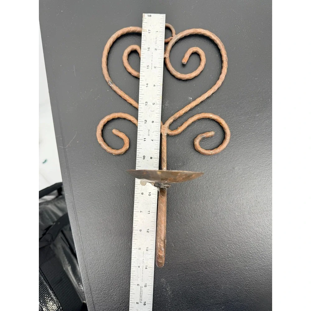 Vintage Wrought Iron Heart Scroll Wall Sconce Candle Holder Rustic Brown Metal